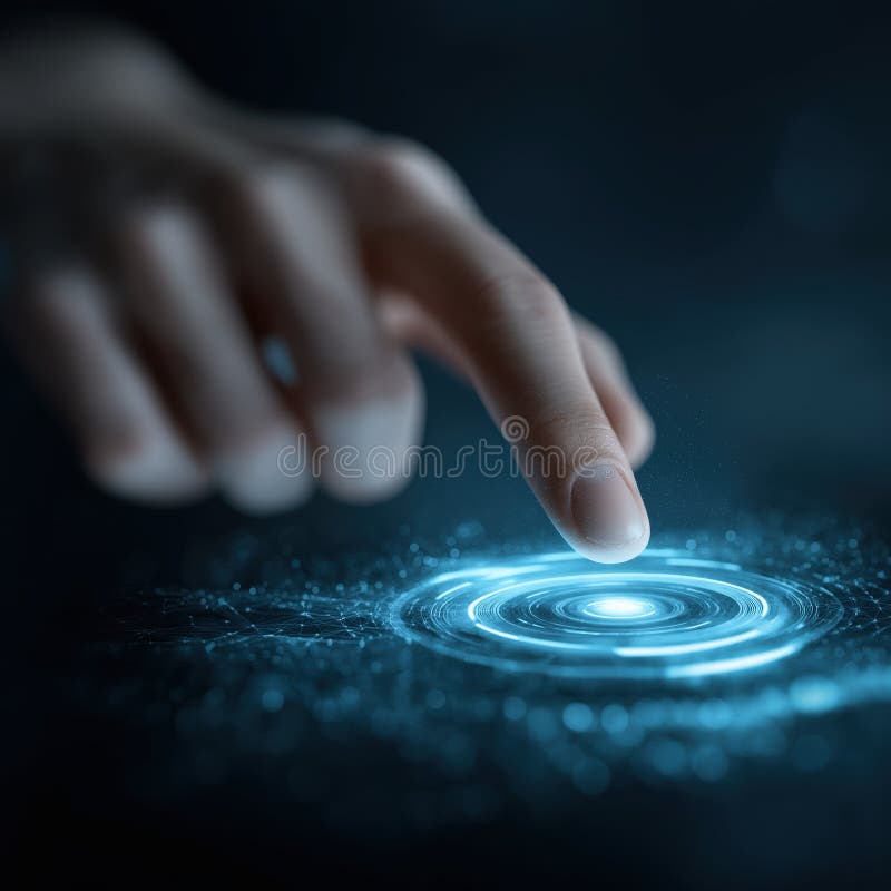 Futuristic hand touch digital interface glowing blue circle, innovation and technology concept royalty free illustration