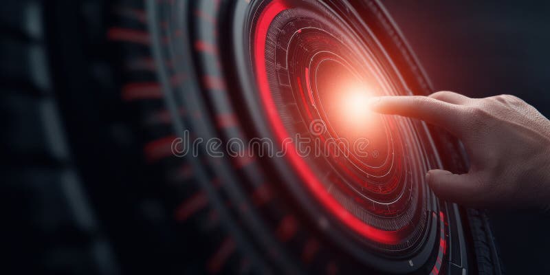 Futuristic hand touches glowing interface, demonstrating advanced technology stock illustration