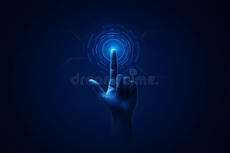 Futuristic hand touching digital screen with blue glowing circle design elements vector illustration
