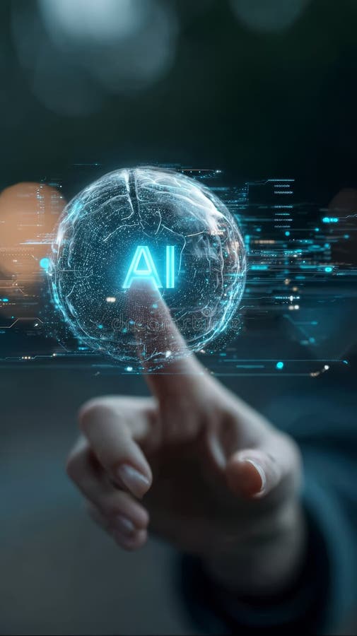 Futuristic hand touching glowing AI hologram, digital technology innovation, artificial intelligence concept, blue light effect vector illustration