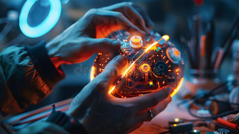 Futuristic Hands Crafting a Glowing Object stock illustration