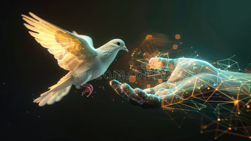 Futuristic Harmonization, Digital Dove and Geometric Hand Merge in Minimalist Display royalty free stock photos