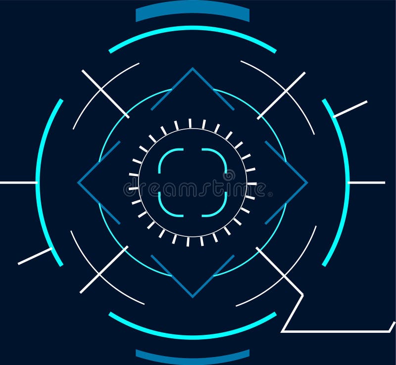 Futuristic head up display - HUD - featuring a targeting system with concentric circles, brackets, and geometric shapes vector illustration