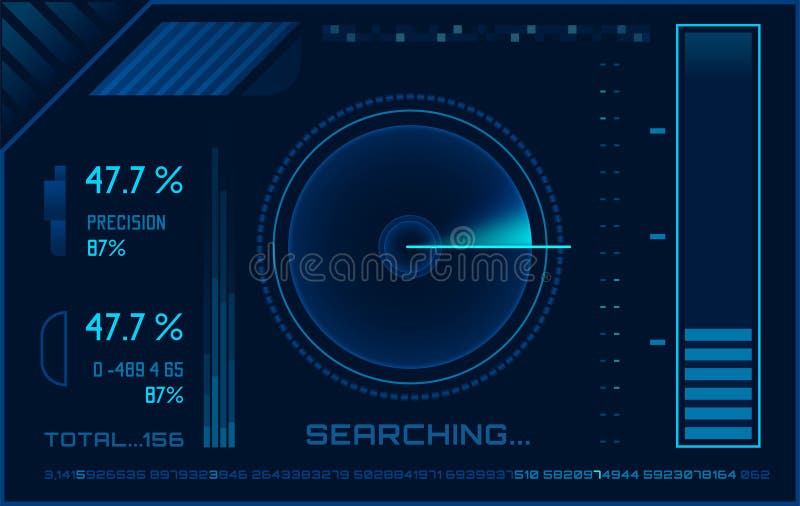 Futuristic head up display - HUD - interface featuring a circular radar scan, data analysis, and metrics on a dark vector illustration