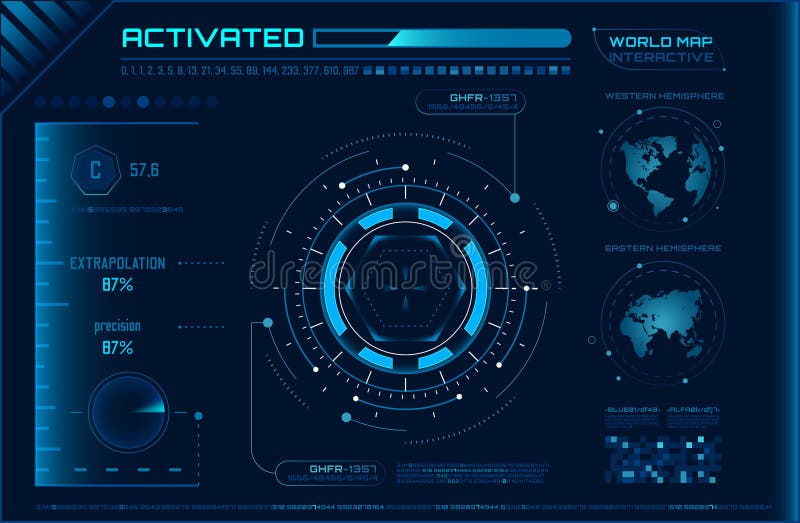 Futuristic head up display - HUD - interface with interactive world map, data analysis, extrapolation, and precision stock illustration