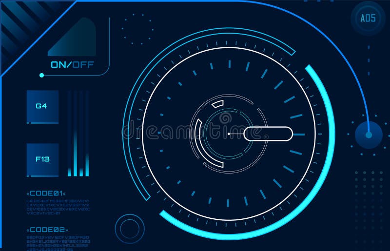 Futuristic head up display - HUD - interface showing a targeting system with code, data analysis, and various indicators stock illustration