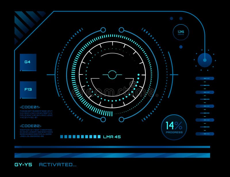 Futuristic head up display is showing progress, code information, radar and different metrics, with a dark background royalty free illustration