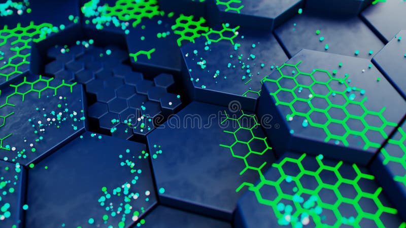 Futuristic Hexagonal Landscape with Neon Green Details stock illustration