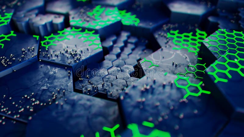 Futuristic Hexagonal Landscape with Neon Green Details stock illustration