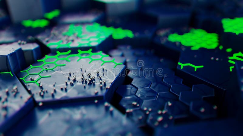 Futuristic Hexagonal Landscape with Neon Green Details royalty free illustration