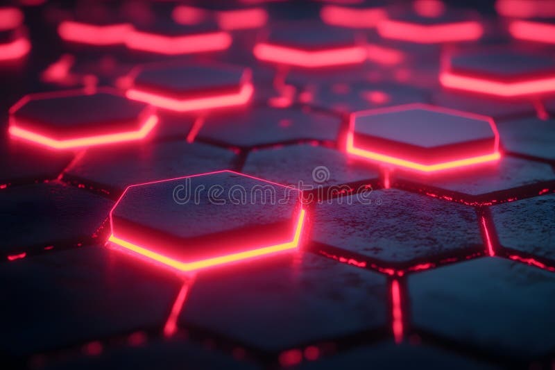 Futuristic Hexagonal Pattern with Glowing Red Lights - Sci-Fi Design for Digital and Print Use Generative AI stock illustration