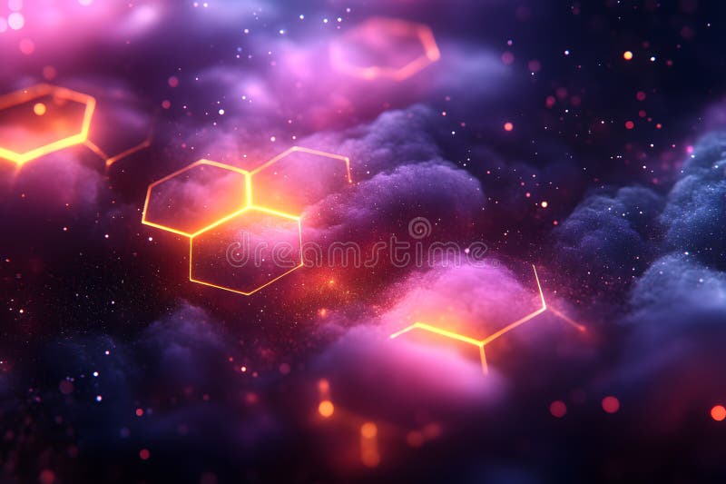 Futuristic Hexagonal Patterns in a Cosmic Cloudscape for Digital Design Generative AI vector illustration
