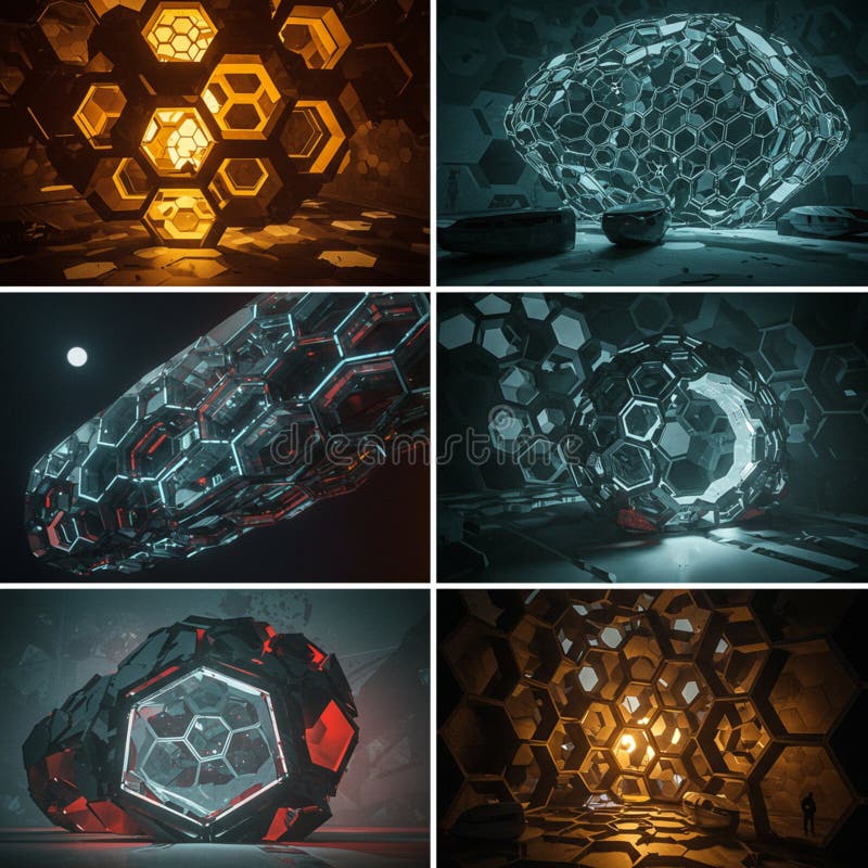 Futuristic hexagonal structures featuring intricate geometric patterns are depicted vector illustration