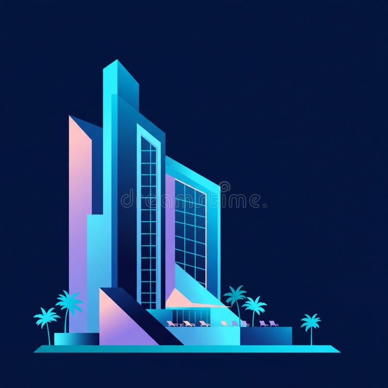 Futuristic high-rise building with geometric shapes and angular structures, featuring stock illustration