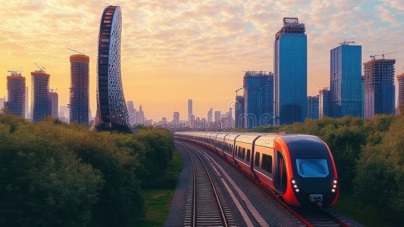 Futuristic high-speed train approaching modern city at sunset vector illustration