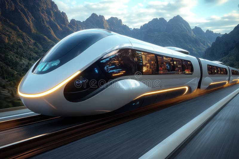 Futuristic high-speed train gliding along a modern highway with mountains and greenery under a bright blue sky vector illustration
