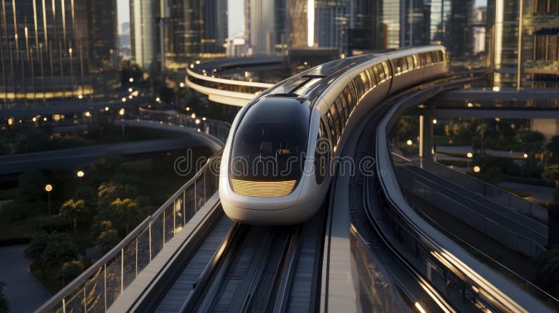 Futuristic high-speed train gliding through modern cityscape at dusk stock images