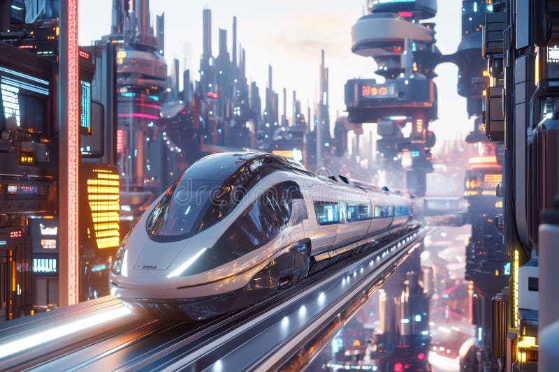 Futuristic high-speed train navigating through a vibrant cityscape at dusk royalty free stock photos