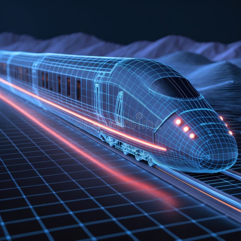Futuristic high-speed train rendered as a blue neon wireframe with glowing lines royalty free illustration