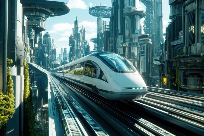 Futuristic high-speed train traveling through a modern cityscape during daylight hours stock image