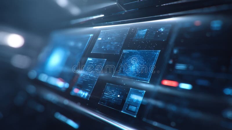 Futuristic High-Tech Command Center Console Display: Multiple Abstract Blue and White Holographic Screens Presenting Complex Data royalty free stock image