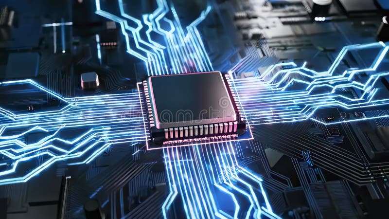 Futuristic High-Tech Detailed Computer CPU Chip Animation - stock illustration.