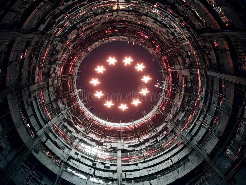 A futuristic, high-tech image showcasing an abstract circular structure with a glowing symbol and advanced machinery - royalty free stock image