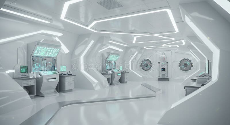 Futuristic, high-tech laboratory with sleek, white interiors and illuminated geometric royalty free illustration