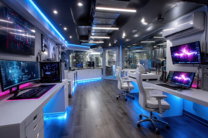 Futuristic high tech office space with neon lighting stock image