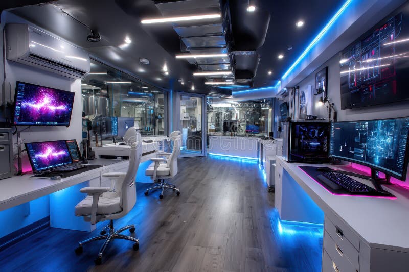 Futuristic high tech office space with neon lighting royalty free stock photos