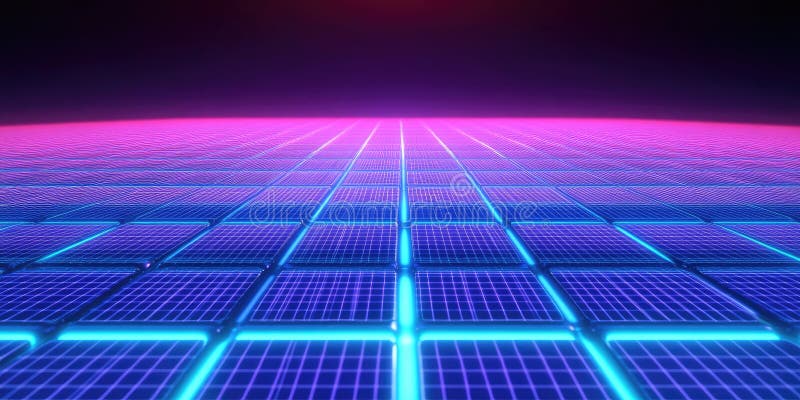 Futuristic Holographic Digital Grid Glowing in Blue and Purple, Neon Glow, Digital Network Design royalty free illustration