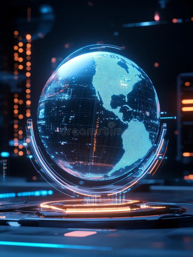 Futuristic Holographic Earth Projection Display Global network digital technology futuristic world data visualization stock illustration