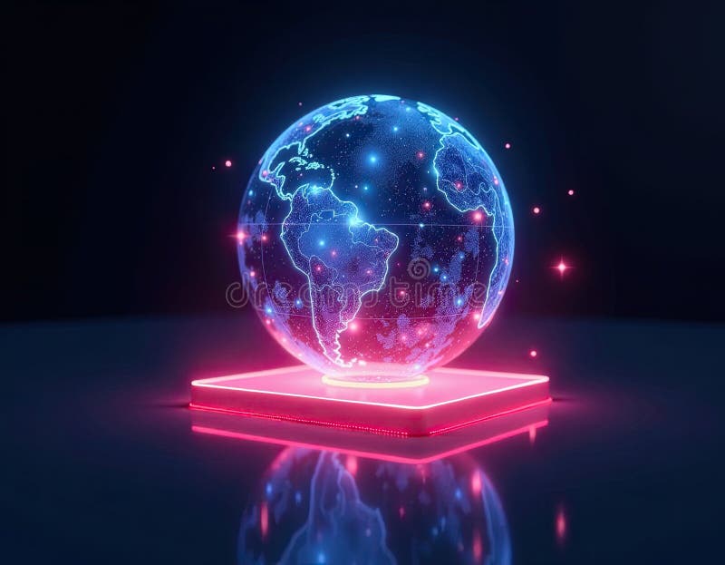 Futuristic Holographic Globe on Illuminated Platform Global Network Concept иллюстрация штока