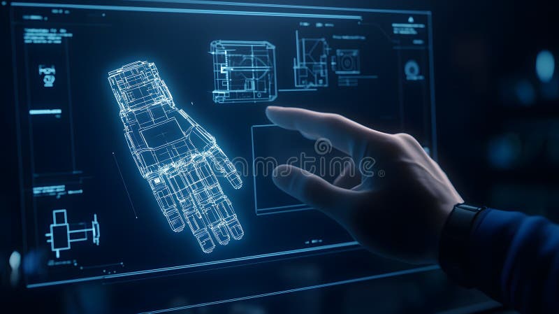 Futuristic Holographic Presentation of Robotic Hand Concept with Glowing Elements and Interactive Interface royalty free illustration