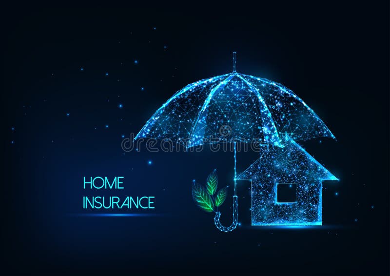 Futuristic home insurance έννοια με λαμπερό πολυγωνικό σπίτι και προστατευτική ομπρέλα διανυσματική απεικόνιση