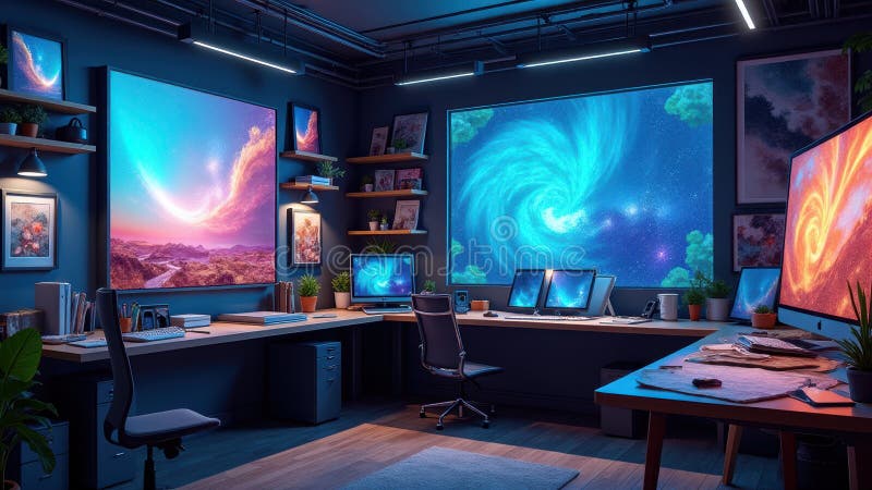 Futuristic Home Office with Space Themed Decor vector illustration