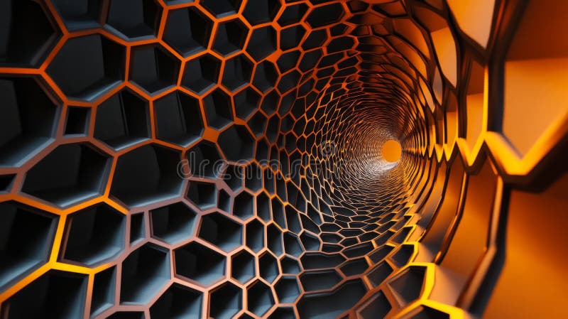 Futuristic Honeycomb Tunnel with Glowing Orange and Black Hexagonal Patterns in Abstract 3D Design vector illustration