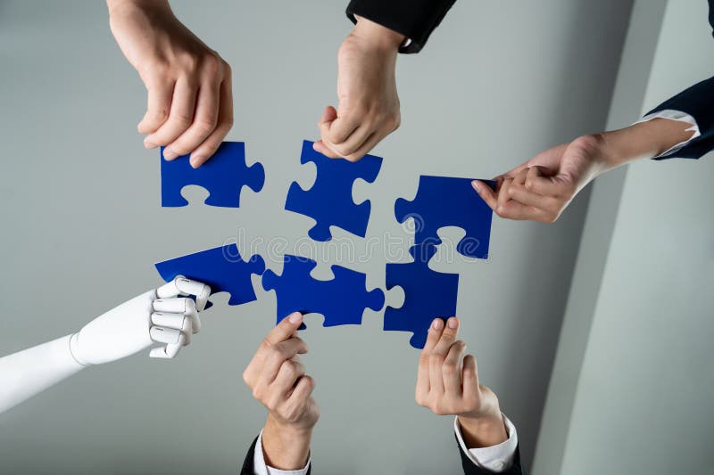 Recrutarea la termen cu automatizare productivă. shrewd. Recrutarea de persoane futuriste cu automatizare productivă care lucrează în banner panoramic, întrucât forța de muncă robotică de inteligență artificială și inteligență artificială înlocuiește forța de muncă umană. piesă de puzzle cu mâner robotic pentru a umple golul.
