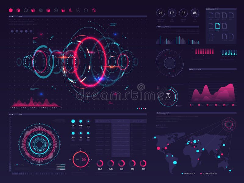 Futuristic hud digital touch screen display with visual data graphic, panels and chart vector infographic template vector illustration