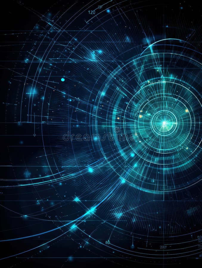 Futuristic HUD Interface Showcasing Circular Radar and Dynamic Motion Trails in a High-Tech Environment stock image