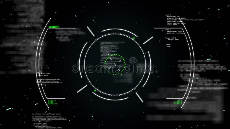 Futuristic HUD interface spinning in dark overlay, showing green code fragments and teal streaks stock video footage