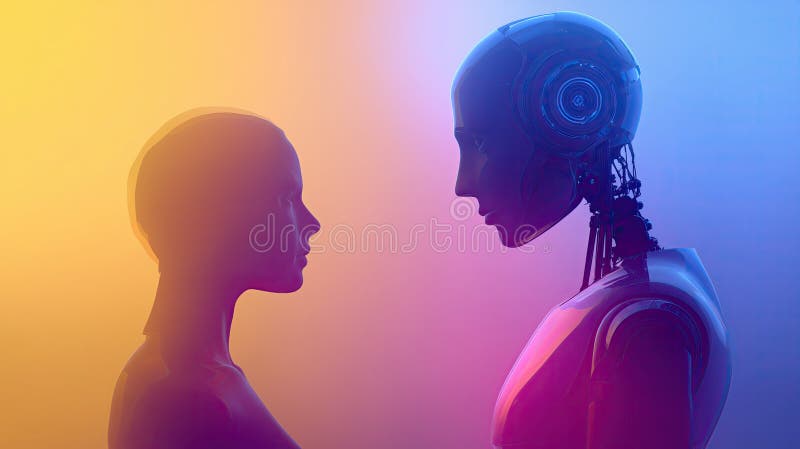 Futuristic human and android profiles in soft gradient glow stock illustration