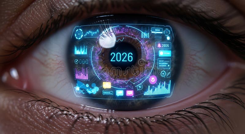 Futuristic Human Eye Displays Holographic Interface With Year 2026 Data Futuristic Human Eye Displays Holographic Interface Year Data Close Up Reflecting Vibrant Displaying Charts Graphs 401838543 