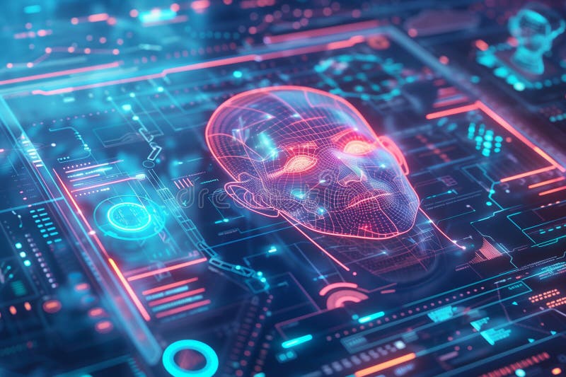 Futuristic human use Smart display unlocking with face scan identification technology. royalty free stock image