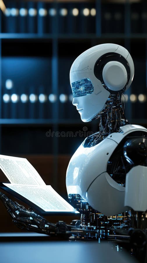In a high-tech courtroom, a humanoid AI judge scans holographic legal documents against a minimalistic backdrop, emphasizing themes of justice and artificial intelligence ethics. Advanced artificial intelligence administration stock images, royalty-free photos and pictures