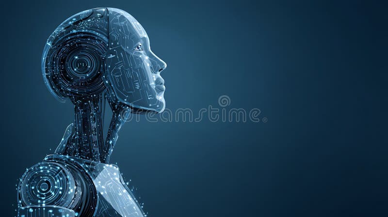 A futuristic humanoid robot is depicted in profile, highlighting intricate circuitry and royalty free illustration