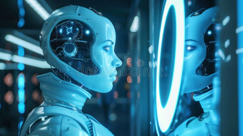 Futuristic humanoid robot gazes at its reflection in a neon-lit high-tech environment royalty free stock photos