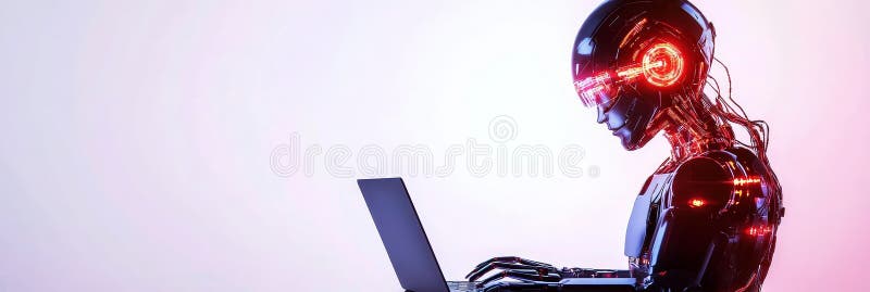 A futuristic humanoid robot with glowing red circuits is shown working on a laptop symbolizing technological advancements royalty free illustration