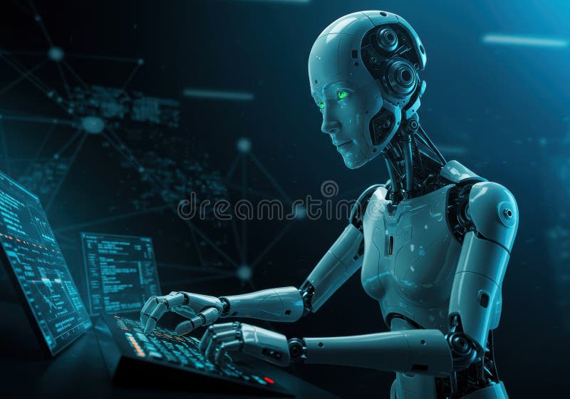 Futuristic humanoid robot operating computer in high-tech environment stock images