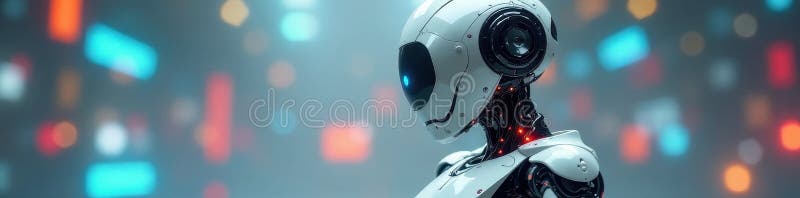 Cool robot, leaning, display offline metallic body, clean background, circuit, cybernetics royalty free illustration